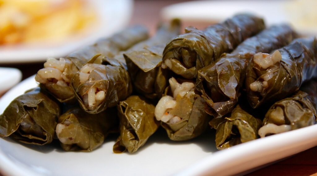 Turkish sarma dolmas, rice wrapped in vine leaves.